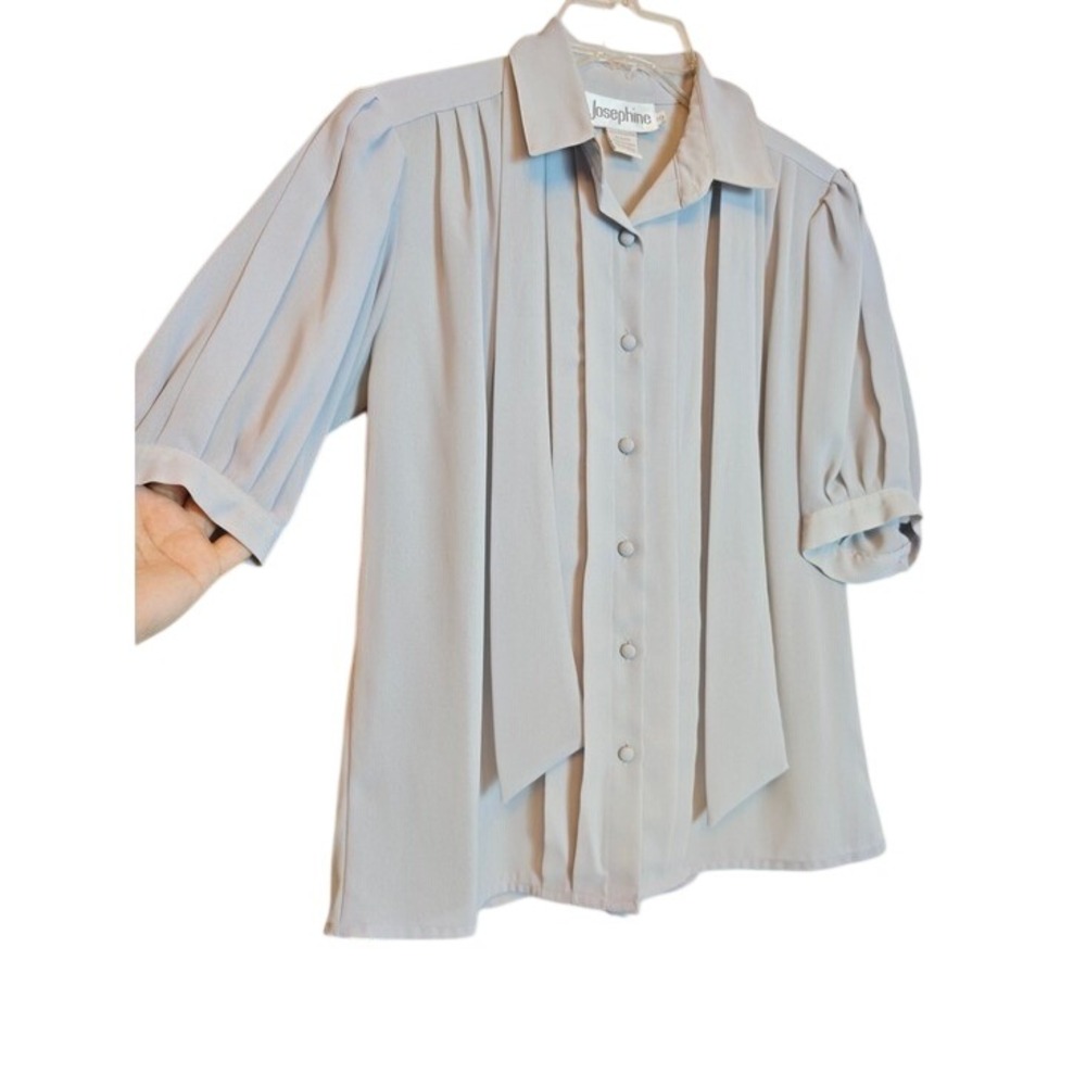 Vintage 80s Joseph Light Blue Pleated Button-Front Office Top Tie Neck Sz 10 - Picture 1 of 11